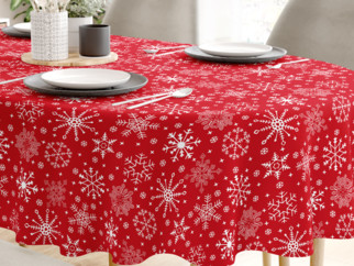 Vianočný bavlnený obrus - vzor snehové vločky na červenom - OVÁLNY