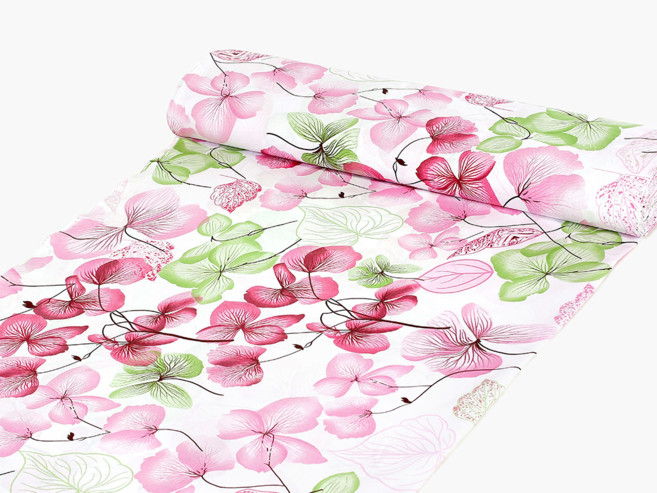 Bavlnené plátno Simona - ružovo-zelené kvety s listami - metráž š. 150 cm