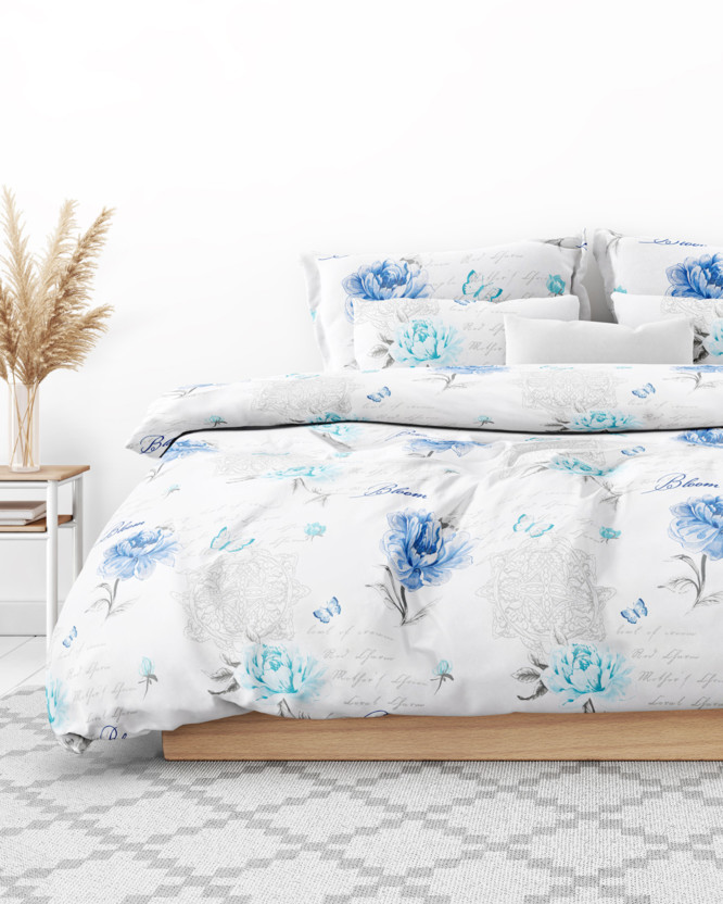 Bavlnené posteľné obliečky - modré pivonky s textami