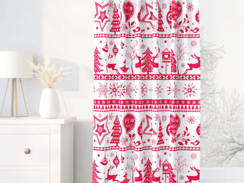 Vianočný bavlnený záves - červené vianočné symboly na bielom