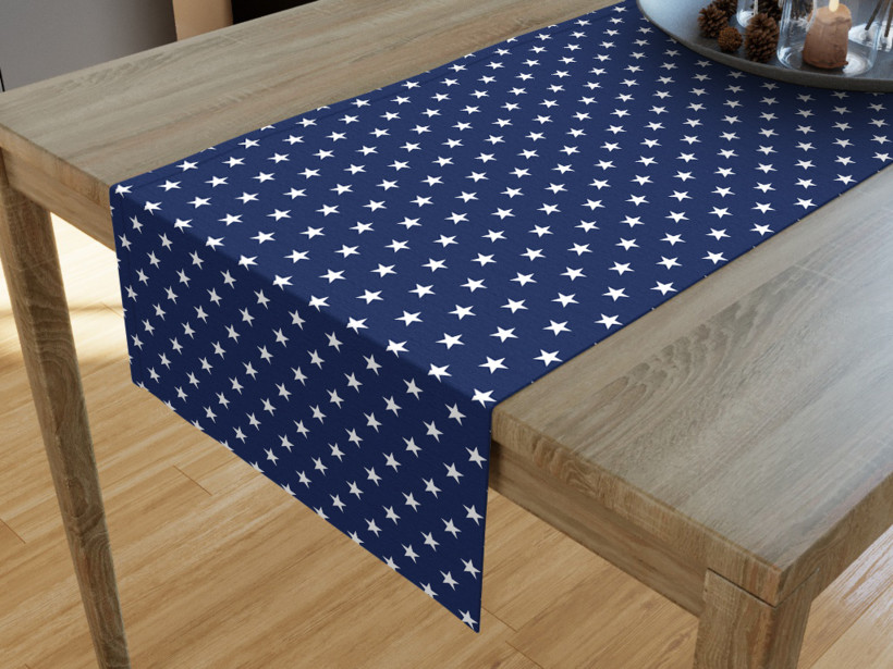 Behúň na stôl 100% bavlnené plátno - biele hviezdičky na tmavo modrom