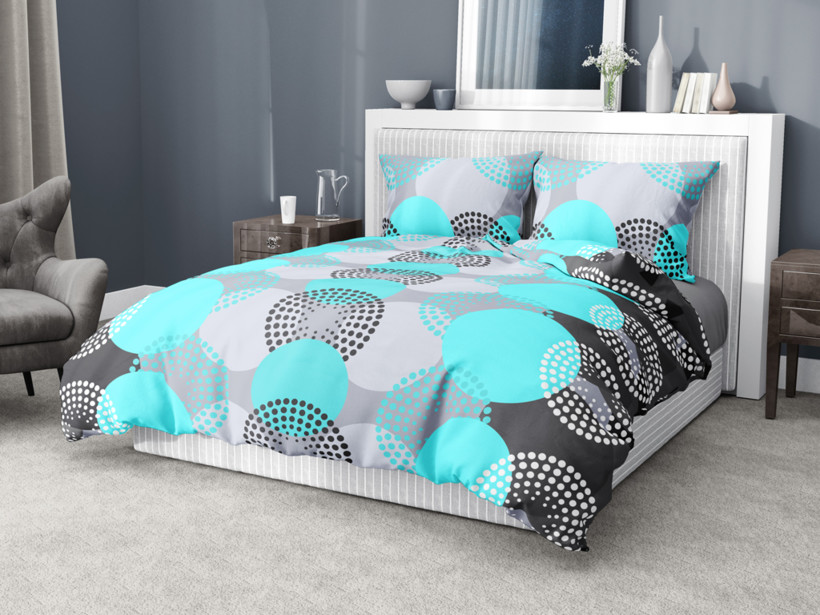 Bavlnené posteľné obliečky - tyrkysové kruhy na sivom