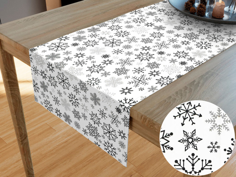 Vianočný behúň na stôl 100% bavlnené plátno - čierne vločky na bielom