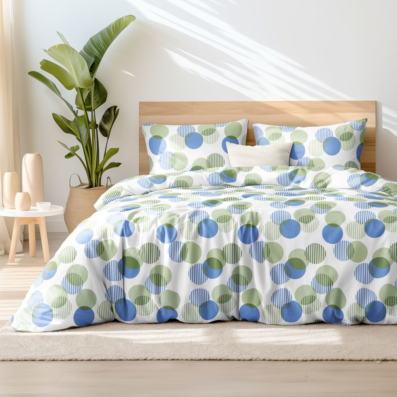 Saténové posteľné obliečky Deluxe - zelenomodré prúžkované kruhy