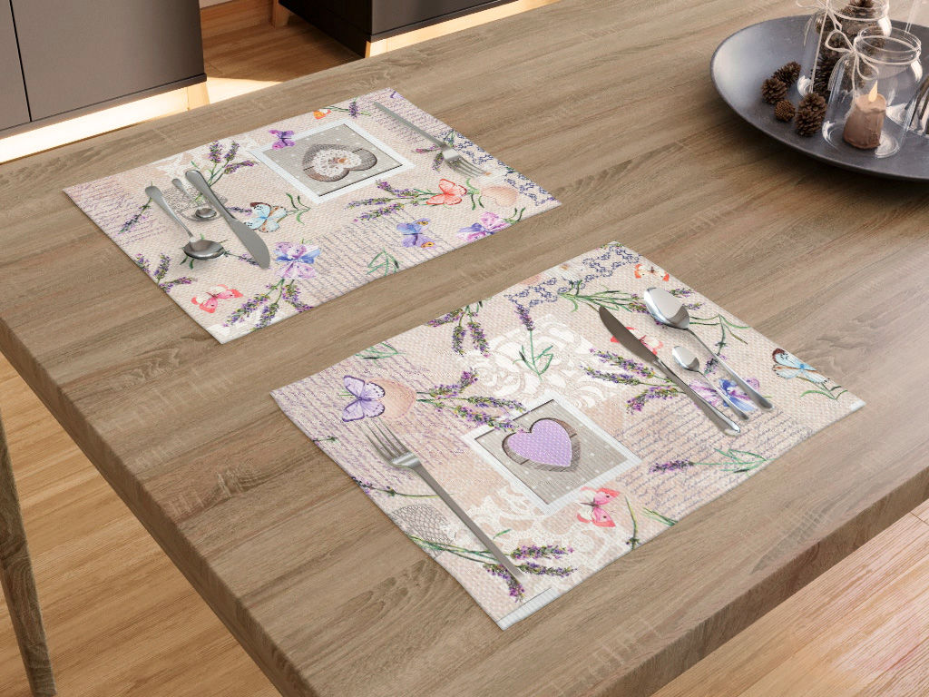Prestieranie na stôl Loneta - srdce s motýľmi a levanduľami - sada 2ks