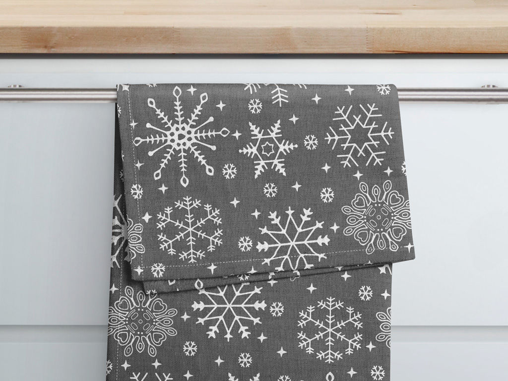 Kuchynská bavlnená utierka - snehové vločky na sivom