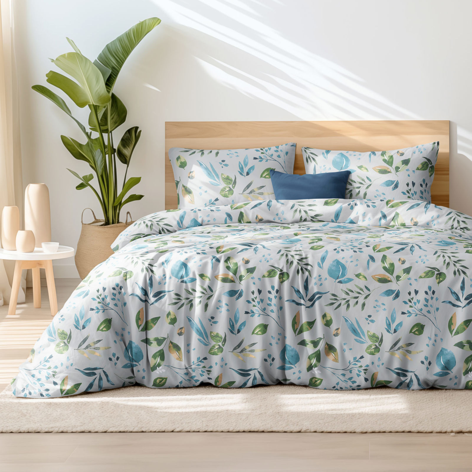 Bavlnené posteľné obliečky - eukalyptus na sivozelenom