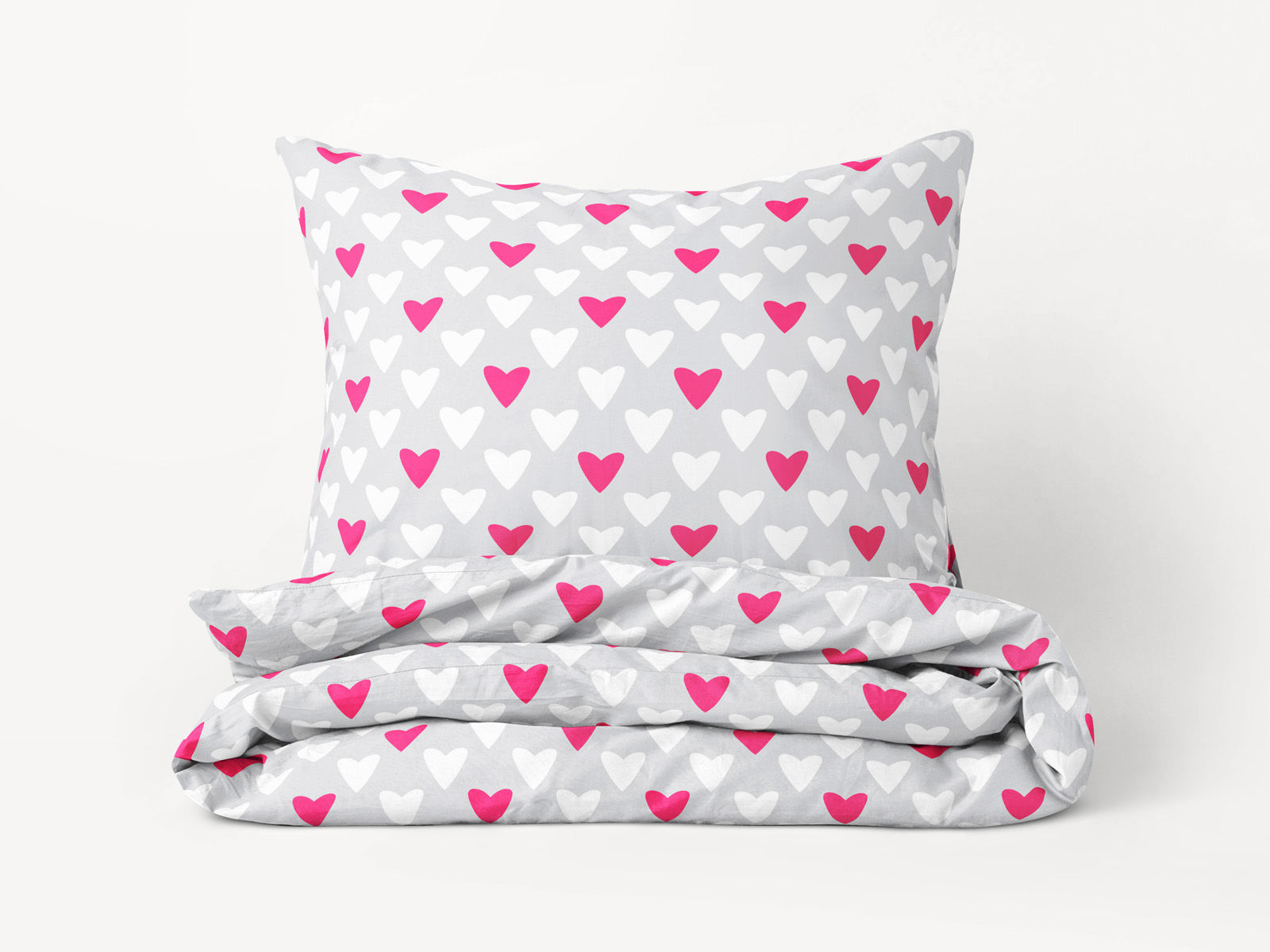 Bavlnené posteľné obliečky - ružová srdce na sivom