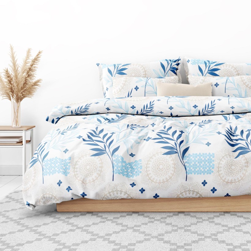 Saténové posteľné obliečky Deluxe - mandaly s modrými lístkami