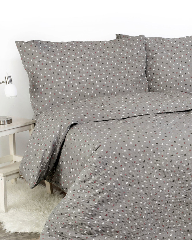 Krepové posteľné obliečky - farebné bodky na tmavo sivom