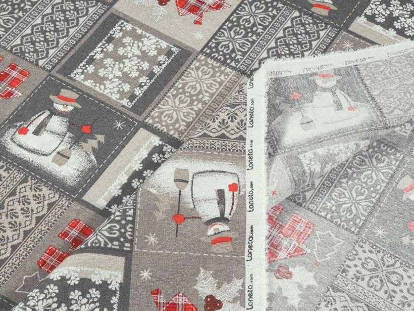 Vianočná dekoračná látka Loneta - snehuliaci na sivom
