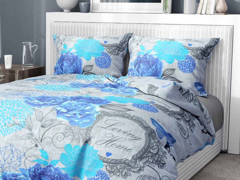Bavlnené posteľné obliečky - modré kvety a motýle