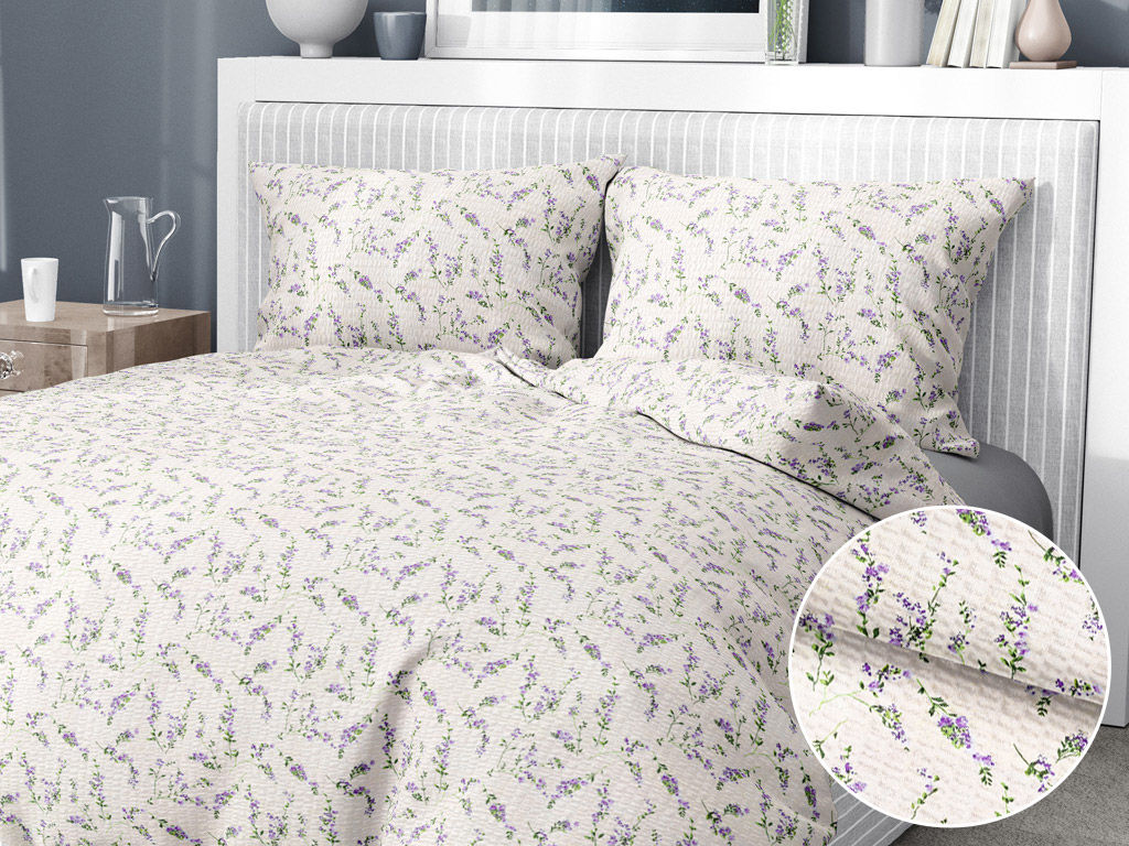 Krepové posteľné obliečky - levandule na krémovom