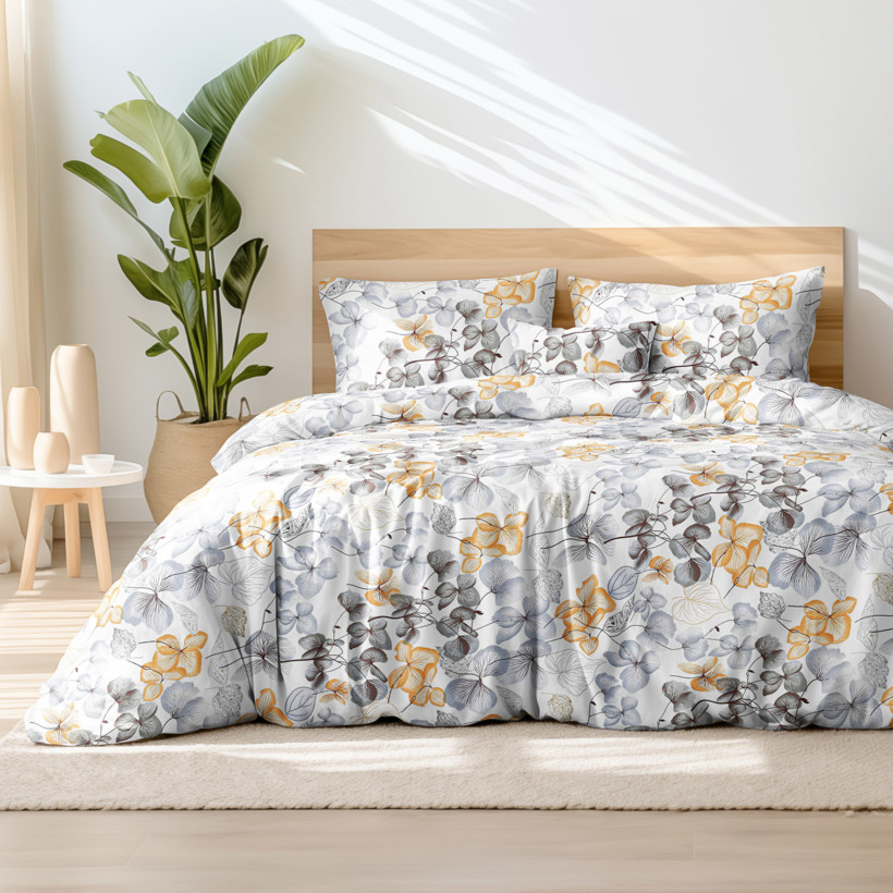 Bavlnené posteľné obliečky - sivo-hnedé kvety s listami