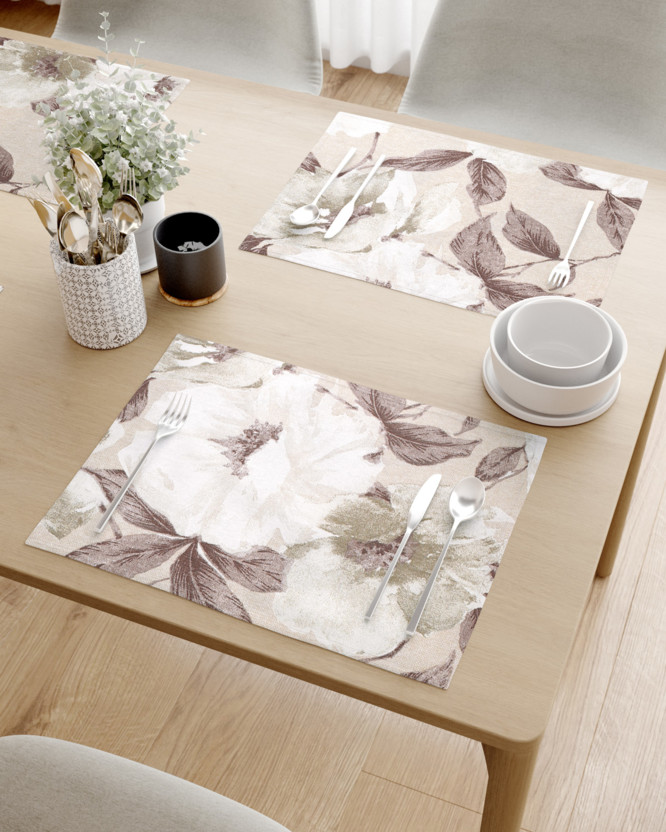 Prestieranie na stôl Loneta - biele a hnedé kvety s listami - sada 2ks