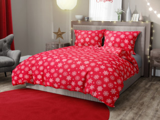 Vianočné bavlnené posteľné obliečky - vzor X-285 vločky na žiarivo červenom