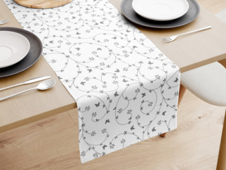 Behúň na stôl 100% bavlnené plátno - sivé kvietky a motýle na bielom