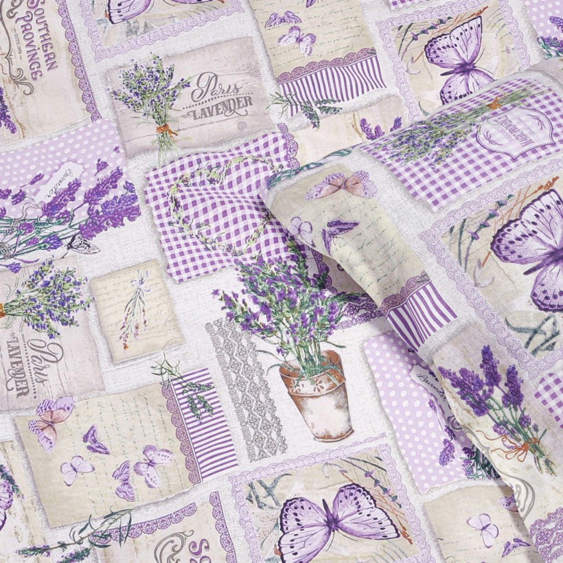 Bavlnené posteľné obliečky - patchwork levanduľou s motýľmi
