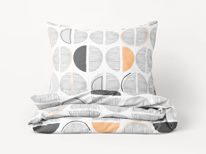 Flanelové posteľné obliečky - sivo-oranžové pruhované kruhy na bielom