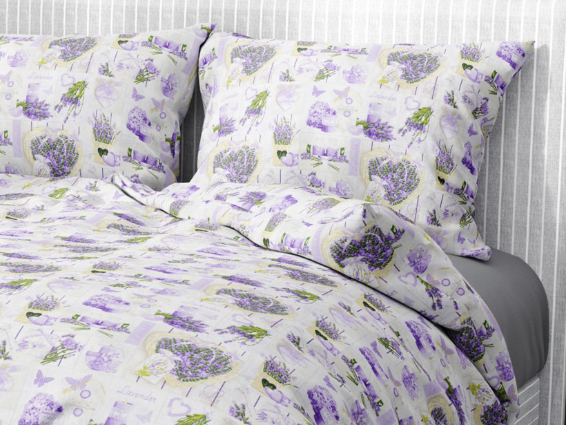 Bavlnené posteľné obliečky - levandule so srdiečkami