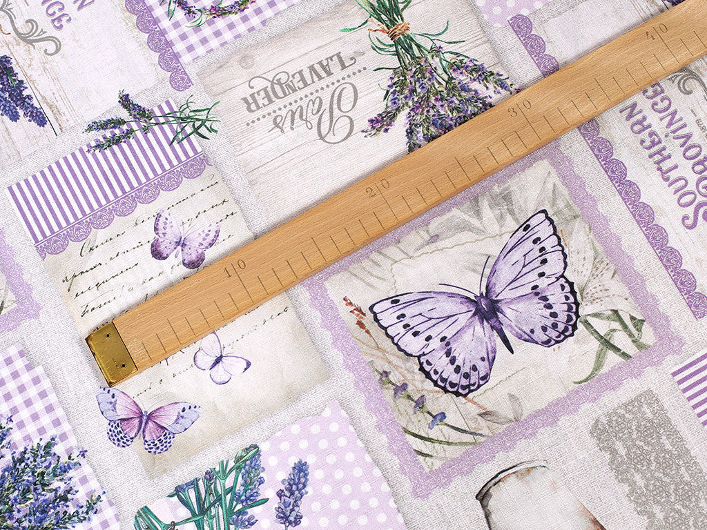 Teflónová látka na obrusy - patchwork levanduľou s motýľmi