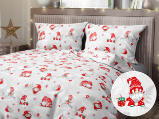 Vianočné bavlnené posteľné obliečky - vzor 1090 veselí červení škriatkovia na sivom