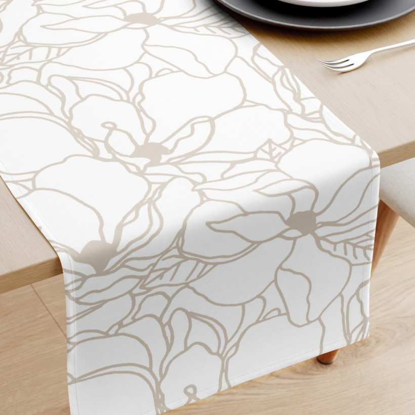 Behúň na stôl 100% bavlnené plátno - svetlo béžové kvety na bielom