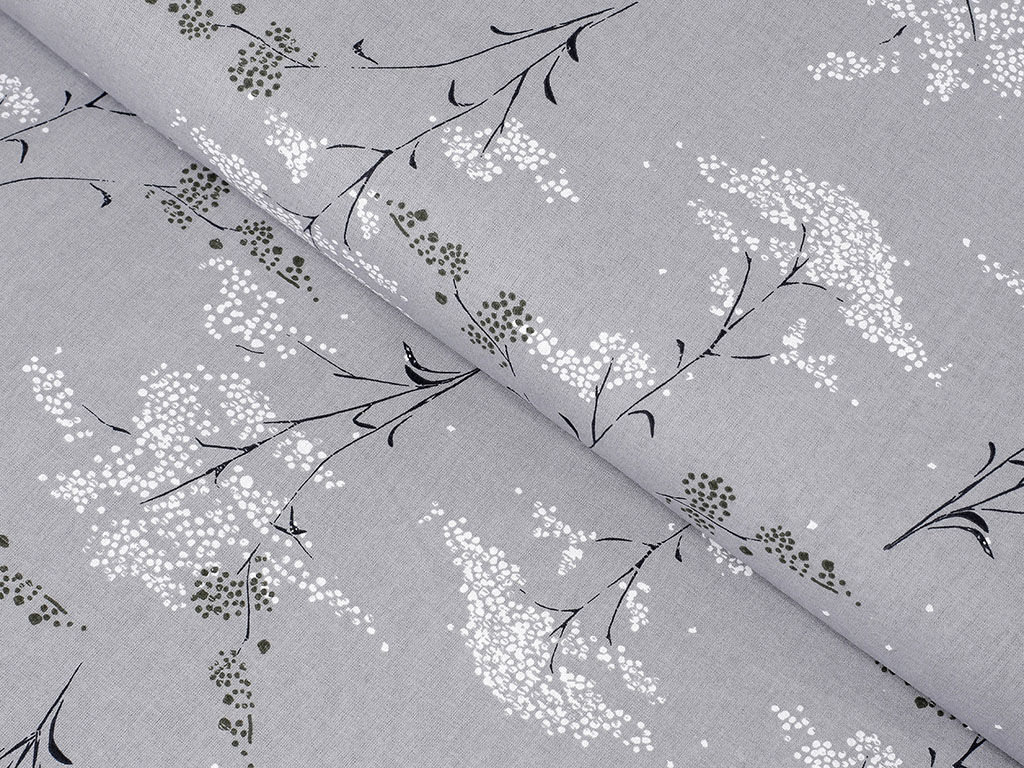Bavlnené plátno - japonské kvety na sivom