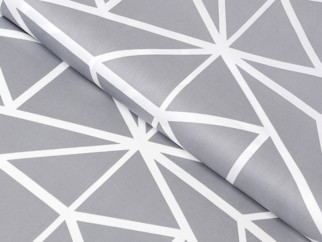 Bavlnený satén - vzor 1049 biele geometrické tvary na sivom - metráž š. 240cm