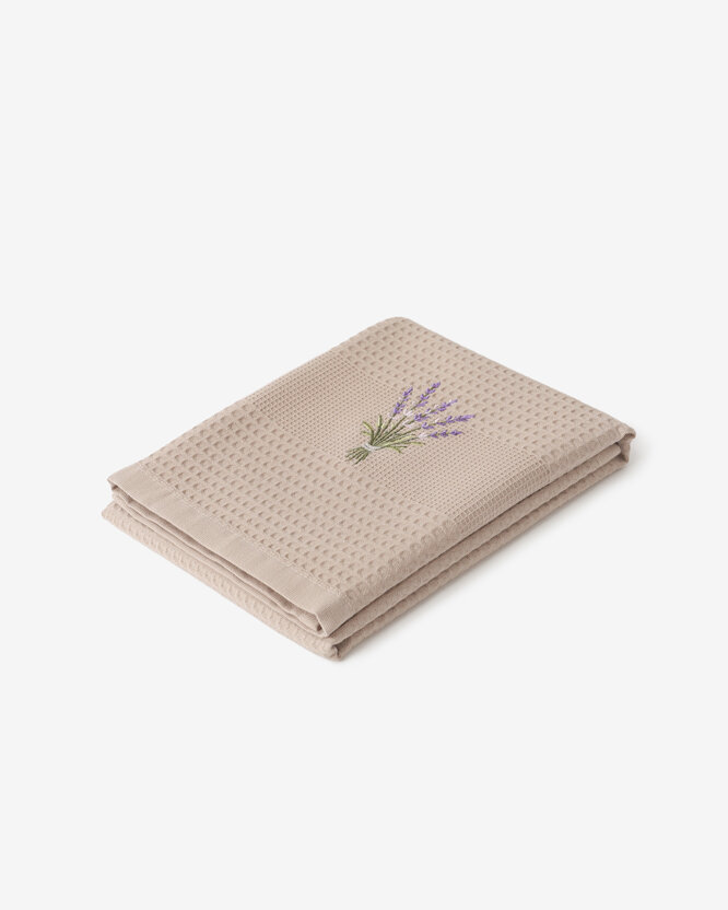 Kuchynská vaflová utierka s výšivkou - Levandule na hnedom