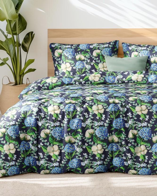 Bavlnené posteľné obliečky - hortenzie s kvetmi bavlníka