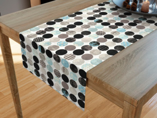 Dekoračný behúň na stôl VINTAGE - vzor dizajnová kolieska s tyrkysovou