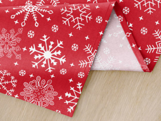 Vianočný bavlnený obrus - vzor snehové vločky na červenom