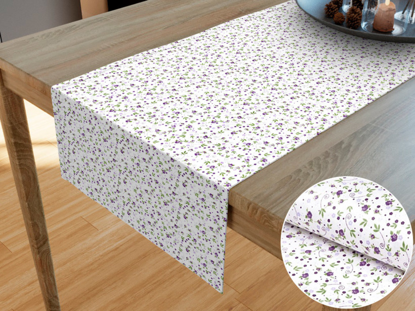 Behúň na stôl 100% bavlnené plátno - fialové ružičky na bielom