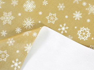 PVC obrusovina s textilným podkladom - vianočný vzor snehových vločiek na zlatom - metráž š. 140 cm