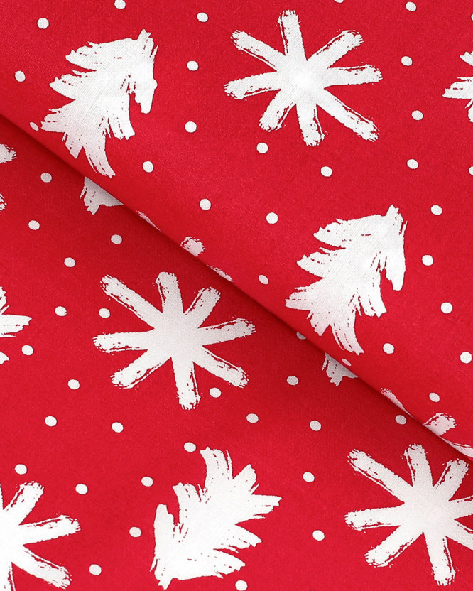 Vianočné bavlnené plátno - vločky a stromčeky na červenom