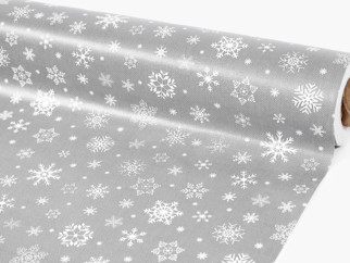 PVC obrusovina s textilným podkladom - vianočný vzor snehových vločiek na sivom - metráž š. 140 cm