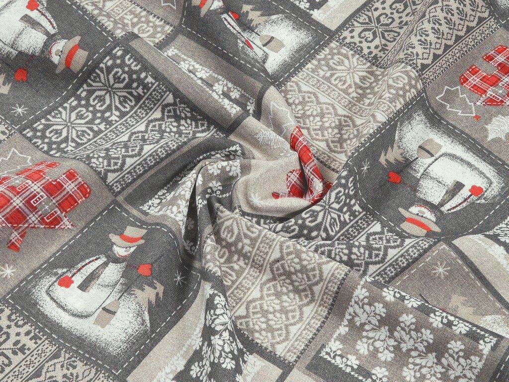 Vianočná dekoračná látka Loneta - snehuliaci na sivom