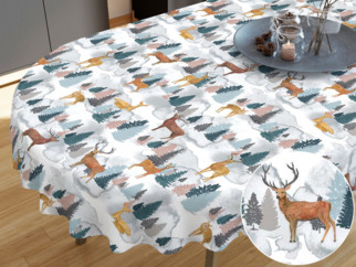 Vianočný dekoračný obrus LONETA - vzor maľovaní jeleni a srnky - OVÁLNY